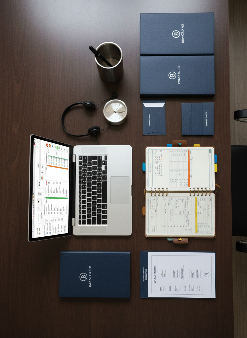 An overhead view of a polished hotel operations desk showcasing the behind-the-scenes management of a modern property. On the desk, a slim laptop displays a detailed reservation management dashboard, beside an open leather-bound planner filled with neatly written schedules and color-coded tabs. Nearby, branded “baraktalkhair” folders, key card envelopes, and a small stack of room service menus are perfectly aligned. A wireless headset, pen in a metal holder, and a minimalist desk clock complete the composition. Soft, diffused office lighting illuminates the workspace, creating an efficient and organized atmosphere. Photographic realism with a clean, modern aesthetic, shot from a bird’s-eye perspective, ensuring every item is clearly visible and arranged with precision, conveying the professionalism of hotel administration and operations management without showing any people.