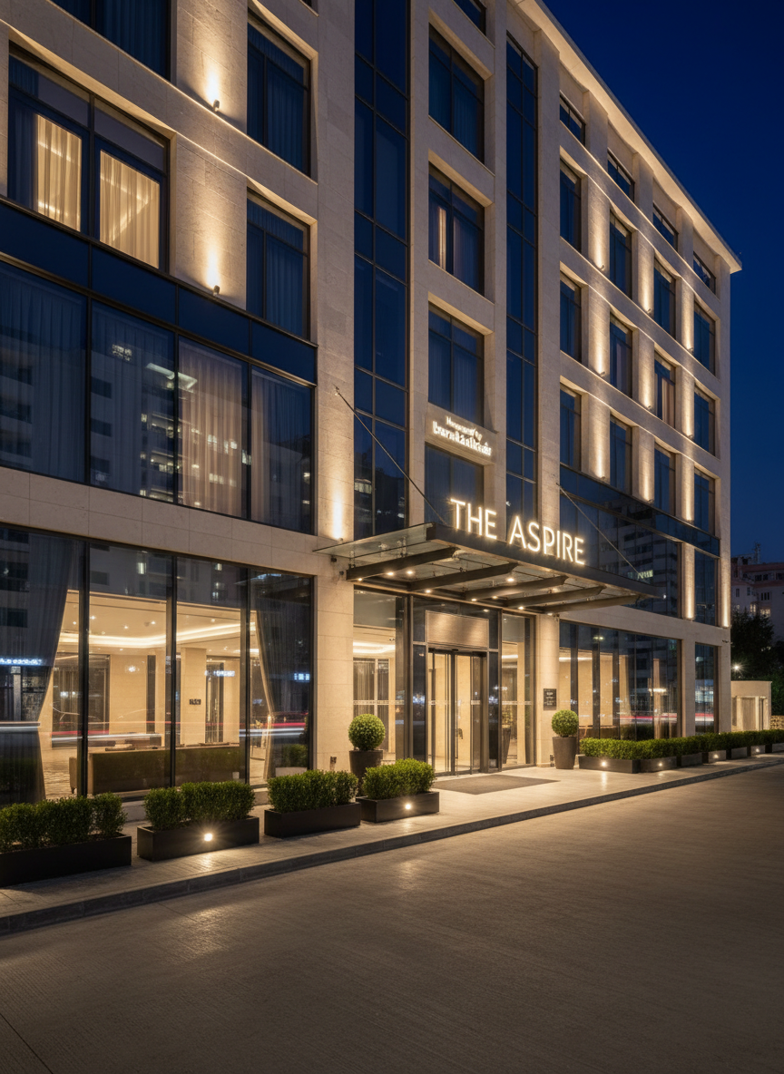 A nighttime exterior view of a modern hotel façade managed by “baraktalkhair,” featuring elegant architectural lighting that softly washes over clean lines of glass and stone. The entrance canopy extends over a polished driveway where a row of neatly trimmed planters and subtle ground lights guide the path. Above the glass doors, the hotel name and a discreet “Managed by baraktalkhair” plaque are illuminated with refined, warm lighting. Reflections of city lights shimmer on the glass windows, hinting at well-appointed rooms inside. Photographic realism with a slightly low, wide-angle perspective, capturing the building’s height and symmetry. The atmosphere is sophisticated and inviting, with a calm, upscale mood that communicates expert hotel operation and brand presence without any human figures.