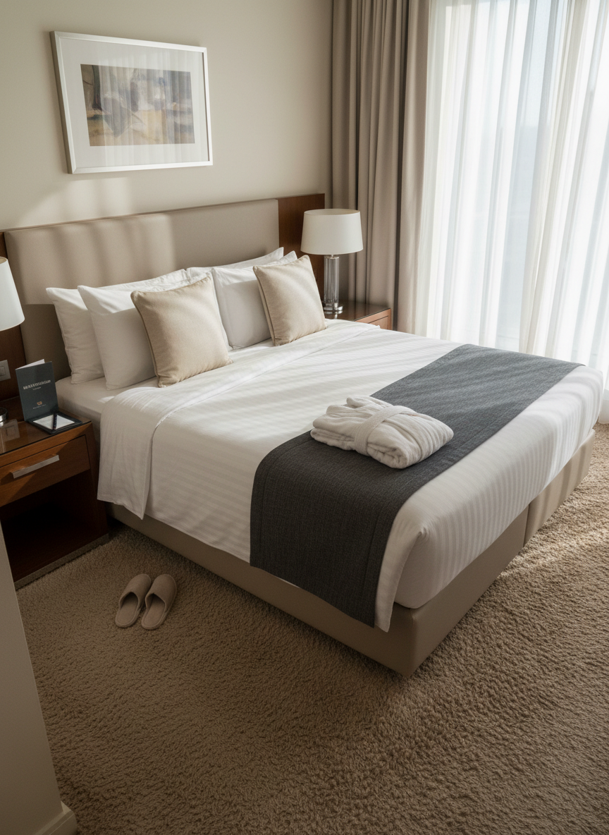 A meticulously made hotel suite bed featuring crisp white linens with a subtle satin sheen, layered with a charcoal gray runner and perfectly aligned pillows in complementary neutral tones. At the foot of the bed, a folded robe and neatly placed pair of slippers rest on a soft beige carpet. The room includes a sleek wooden nightstand with a modern lamp, a small tray holding a guest directory branded with “baraktalkhair,” and a discreet digital room control panel. Natural afternoon light streams in from a large window with sheer curtains, creating soft shadows and a serene, welcoming mood. Shot in photographic realism from a slightly elevated corner angle, with balanced composition and sharp focus throughout, highlighting the precision and professionalism of hotel operations and guest readiness.