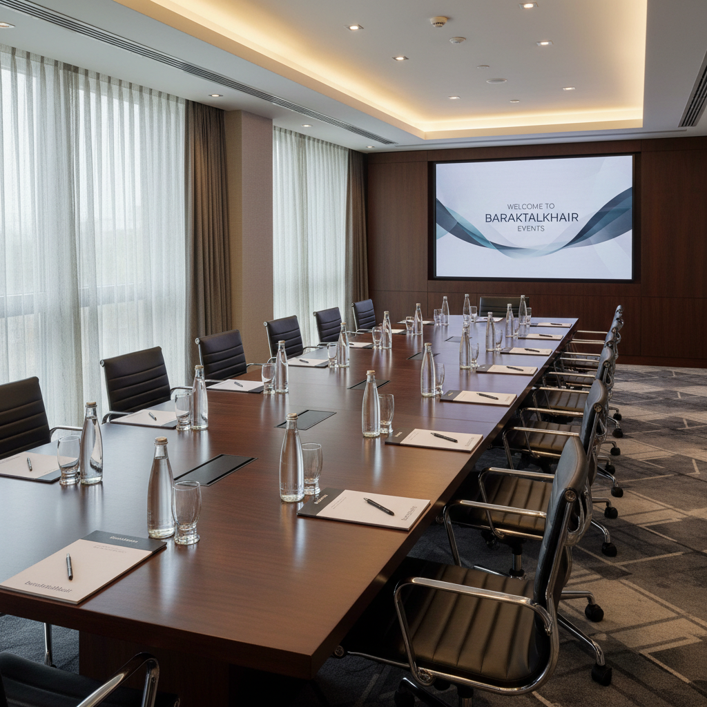 A high-end hotel conference room precisely arranged for a corporate event, highlighting professional hotel management services. A long, dark wood table with a satin finish stretches through the center, set with neatly aligned water carafes, crystal glasses, and branded “baraktalkhair” notepads with pens. At the far end, a large wall-mounted screen displays a subtle, minimalist welcome graphic. Floor-to-ceiling windows with sheer curtains allow soft daylight to flood the room, complemented by discreet recessed ceiling lights that create a balanced, professional glow. The carpet features a tasteful geometric pattern in muted tones. Photographic realism at eye level, using the rule of thirds to frame the table leading toward the screen, conveying an atmosphere of order, reliability, and premium hotel conferencing services without including any people.