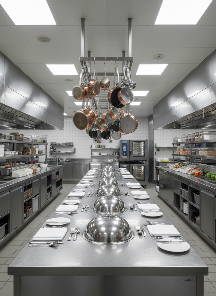 A gleaming commercial hotel kitchen prepared for high-capacity service, featuring rows of stainless steel countertops, industrial ovens, and perfectly arranged cookware hanging from a rack. On the central workstation, covered silver cloches and pristine white plates are lined up in an orderly fashion, each with a folded napkin and polished cutlery, ready for room service. Overhead LED lights cast bright, even illumination, reflecting off the metal surfaces and creating a sense of efficiency and cleanliness. In the background, labeled storage shelves and an organized ingredient station reinforce meticulous management. Photographic realism with a wide-angle lens, capturing the full depth of the kitchen from a slightly low perspective, emphasizing scale, order, and the high standards of hotel food and beverage operations, all without any human presence.